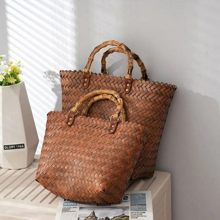 Kukuzhu Summer Straw Handbag Wooden Wooden Handle Beach Bag Vintage Handmade Handle Bag Braided Rattan Shopping Basket Totes bolsa Walmart