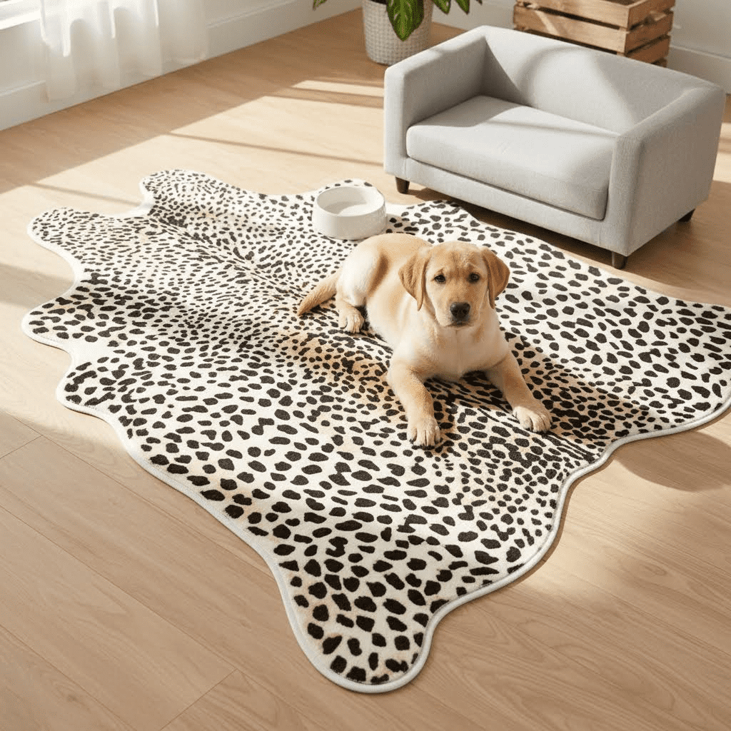 Cheetah Print Area Rug, 4' x 4.6' Faux Fur Leopard Skin Rug, Soft Shaggy Animal Print Carpet for Living Room, Bedroom, Office Decor