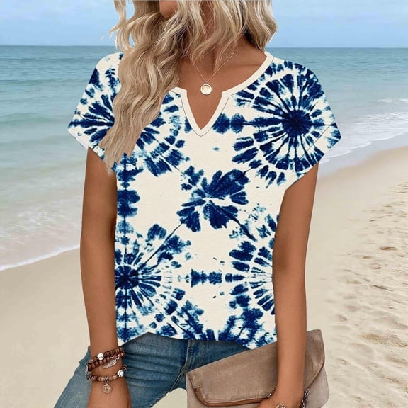 Uootdi Womens Tops V Neck Abstract Color Block Print Short Sleeve Top Soft Stretchy Blouse Casual Daily Shirt Gift
