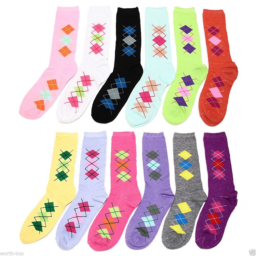 Women's Argyle Diamond Cotton Multi Colors Crew Socks, 12 Pack