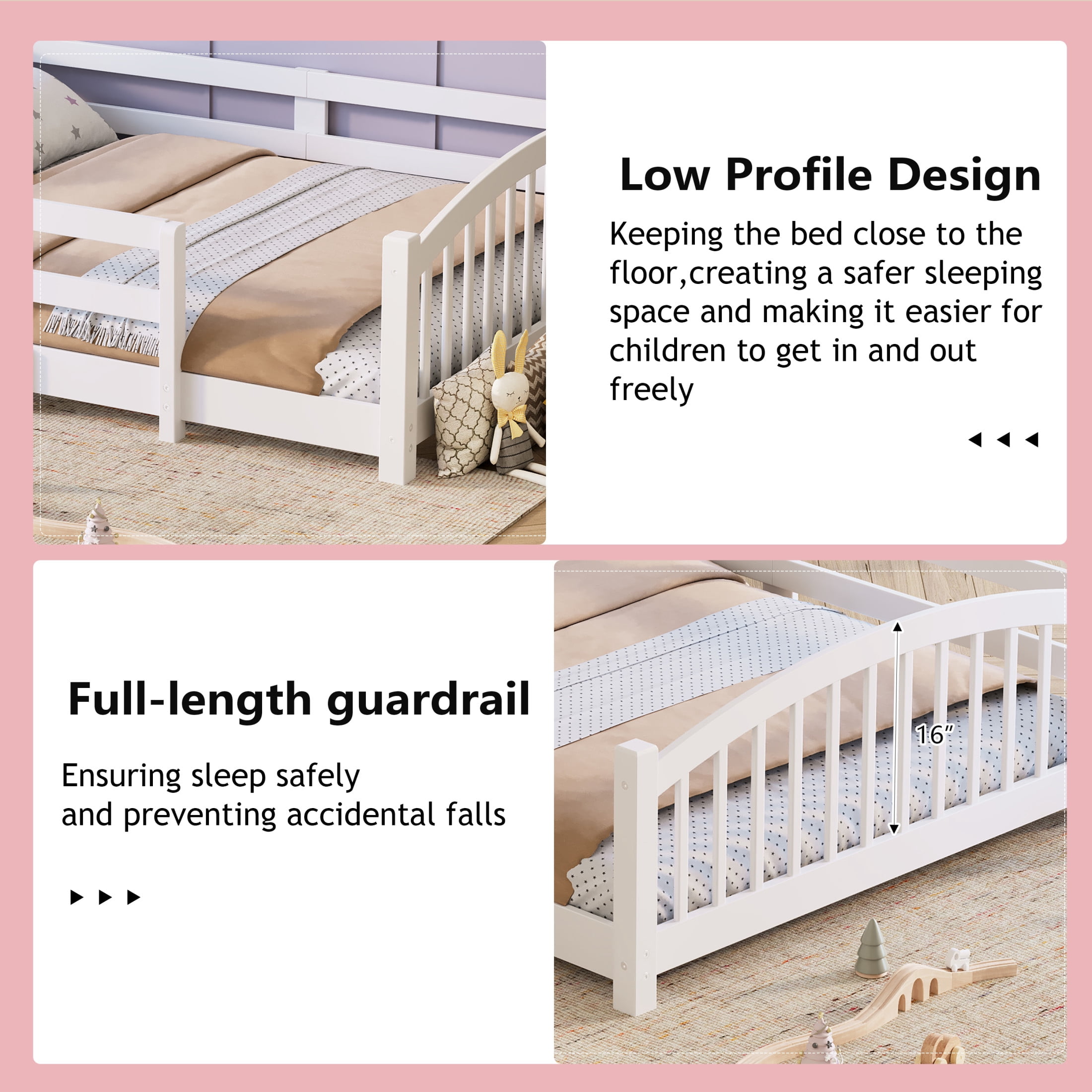 Noble House Twin Floor Bed with Slats, Safety Guardrails, Solid Wood Frame, White