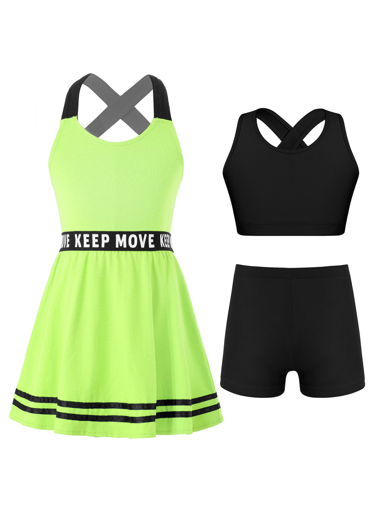 Miutii 3Pcs Kids Sports Tenins Outfits Girl Athletic A-line Dress with Racerback Bras Vest and Shorts Fluorescent Green 12