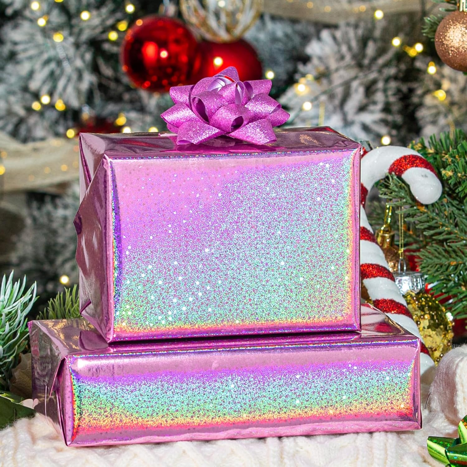HOMERAL Holographic Star Pink Wrapping Paper - 17in x 32.8ft photo 4