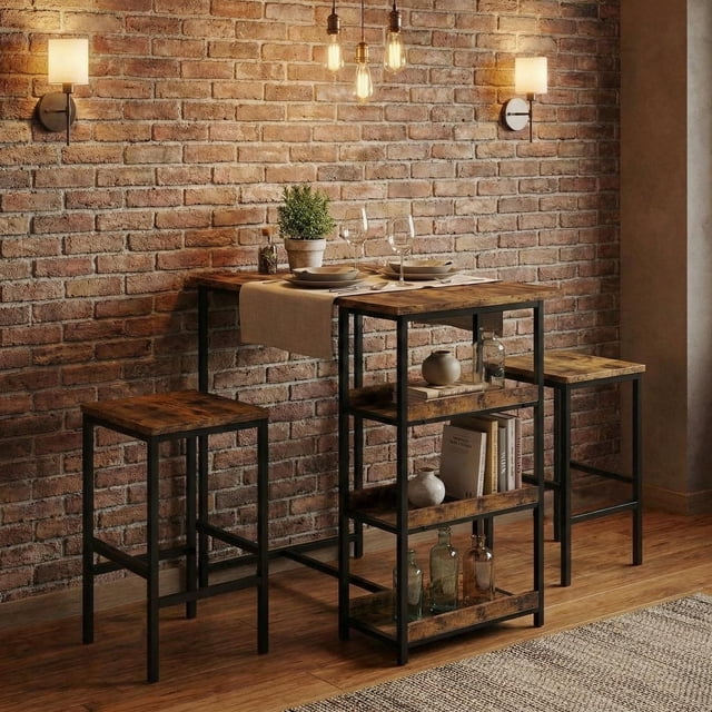 Yeshouse Juego de mesa de comedor de 91 cm de altura para 2 personas con taburetes y estantes de almacenamiento. Mesa de cocina compacta para espacios pequeños, apartamentos y estudios