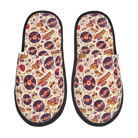 Balery rock music Skull record Slient Indoor Furry Fleece Comfort House Shoes Soft Non-Slip Home Shoes Cotton slippers House Slippers-- Medium