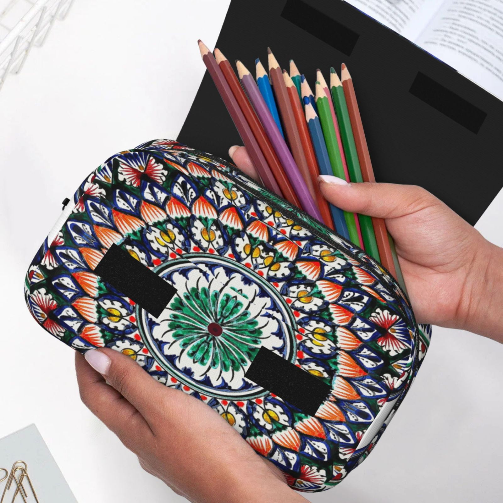 Rateoe Colorful With Blue Oriental Pattern Double Clamshell Pen Case, Storage Organizer with Two Zipper Compartments– Holds Up to 50 Pencils & Pens