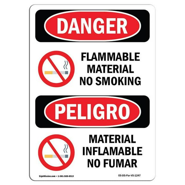 SignMission OS-DS-A-1218-VS-1247 12 x 18 Po Signe de Danger OSHA - Matériau Inflammable Non Fumeur Bilingue