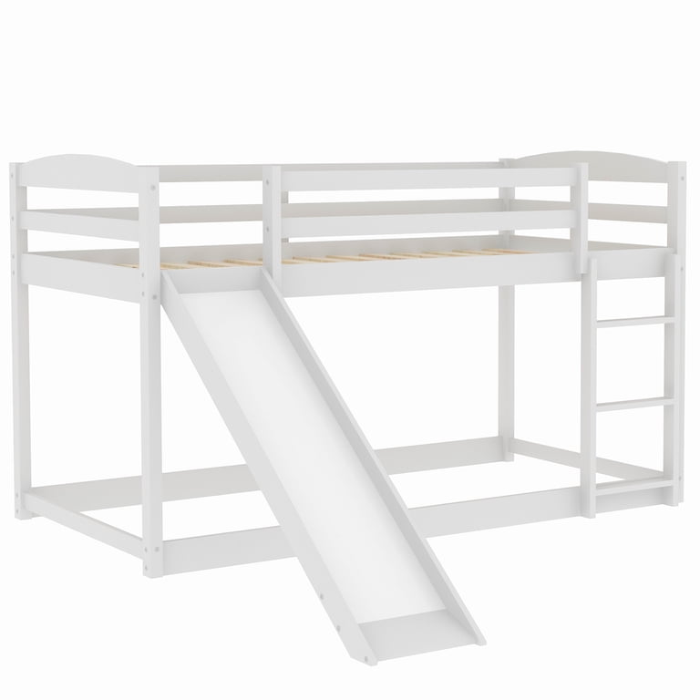 Euroco Solid Wood Twin Over Twin Bunk Bed with Slide, White photo 6