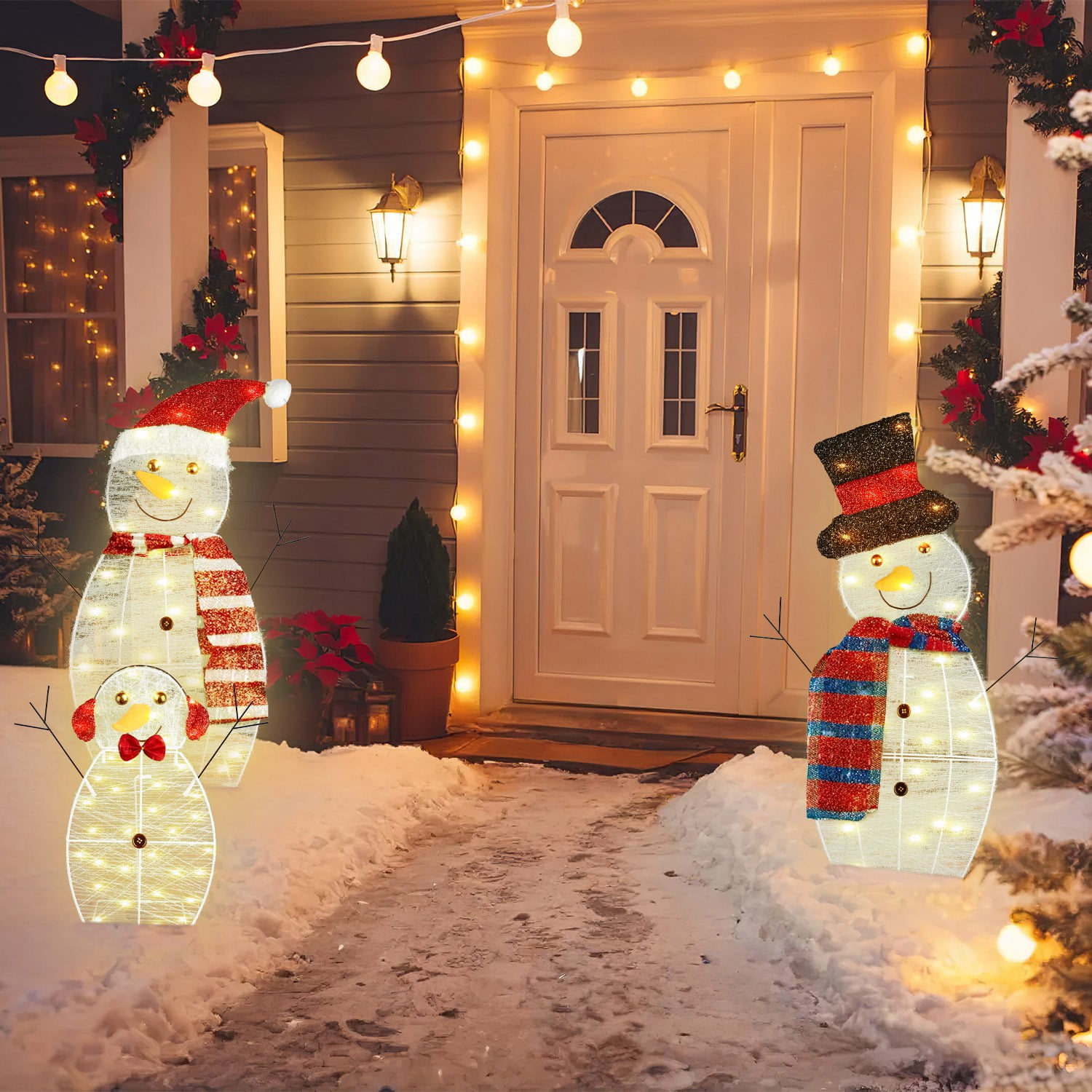 Astoutdoor 3-Piece 2D Snowman Christmas Yard Decoration, Pre-Lit LED Snowman Family, White