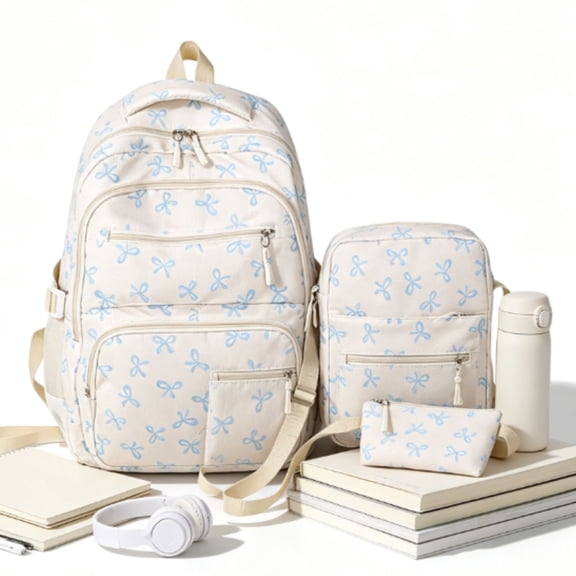Girls Boys School Backpack Set, 3-Piece Cute Nylon Bookbag with Crossbody & Pouch Set —coquette aesthetic, organizer pockets, side bottle holder, tablet sleeve,Blue