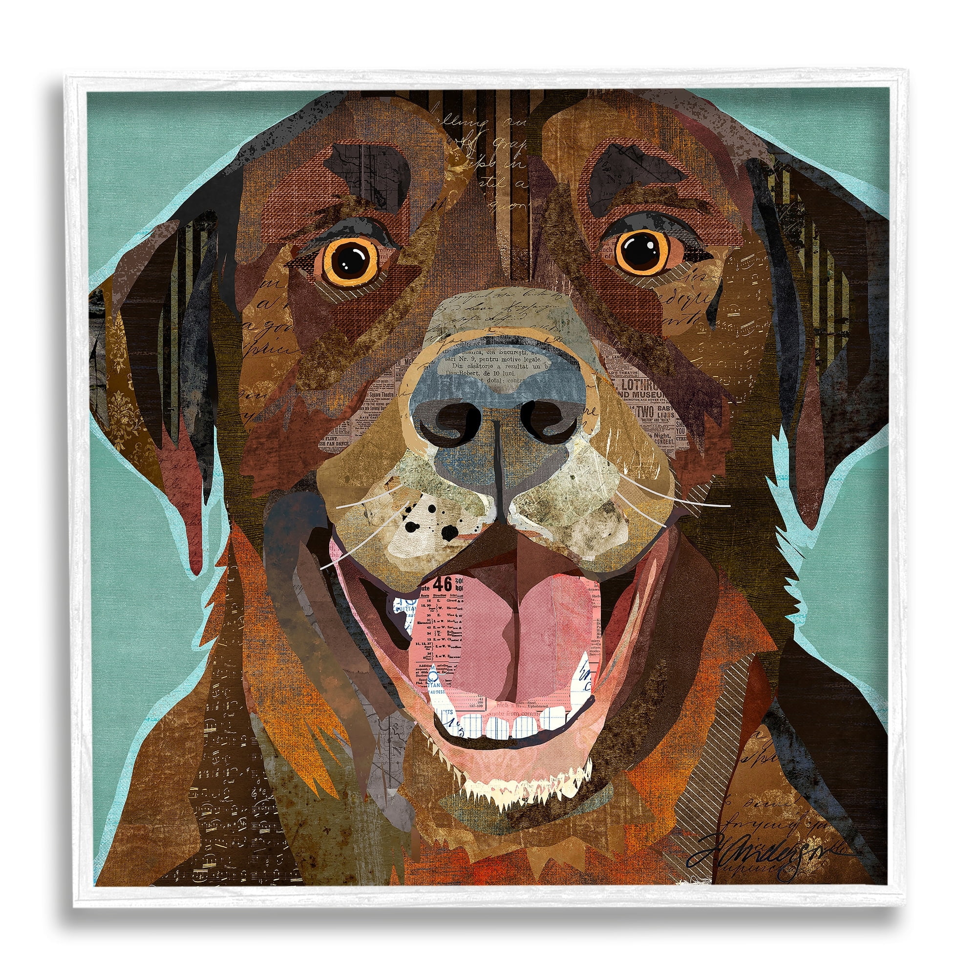Stupell Industries Collaged Ephemera Dog Portrait Painting Brown Labrador Graphic Art White Framed Art Print Wall Art, Design by Traci Anderson