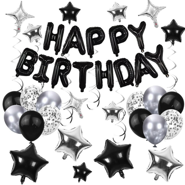 Juego de globos para decoración de fiesta de cumpleaños, 56 unidades, plateado/negro