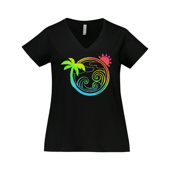 Inktastic Beach Scene with Sun and Palm Tree Women's Plus Size V-Neck T-Shirt