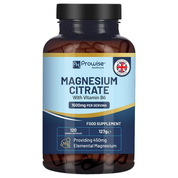 Magnesium Citrate Capsules 1500mg with Vitamin B6 | 120 Vegan Capsules | 450mg Elemental Mg | High Strength Magnesium Supplements for Women & Men | Capsules not Tablets | Made in UK by Prowise
