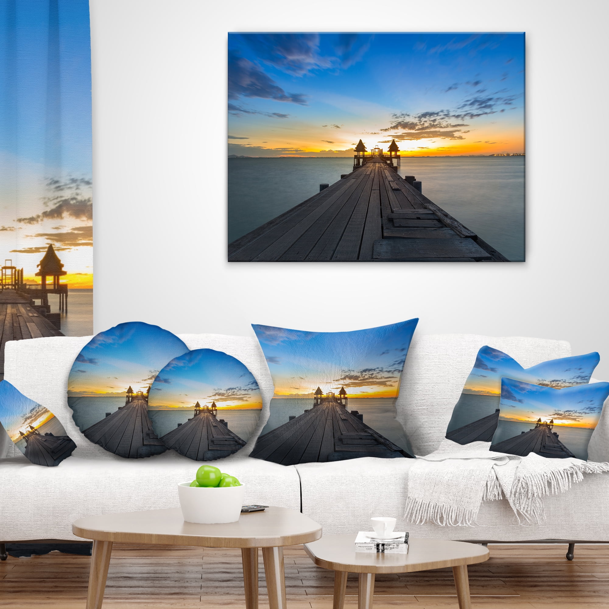 Designart Long Wood Pier Leading to Colorful Sea - Sea Bridge Throw Pillow - 18x18