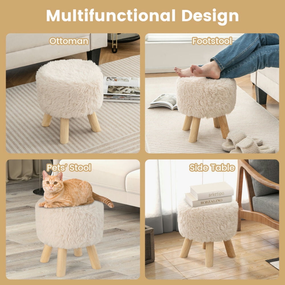 Finihen Ottoman, Foot Stool, Round Footstool Ottoman, Faux Fur Footrest with Padded Seat and Rubber Wood Legs, for Living Room, Bedroom, Kids' room, White Finihen Ottoman, Foot Stool, Round Footstool Ottoman, Faux Fur Footrest with Padded Seat and Rubber Wood Legs, for Living Room, Bedroom, Kids' room, White