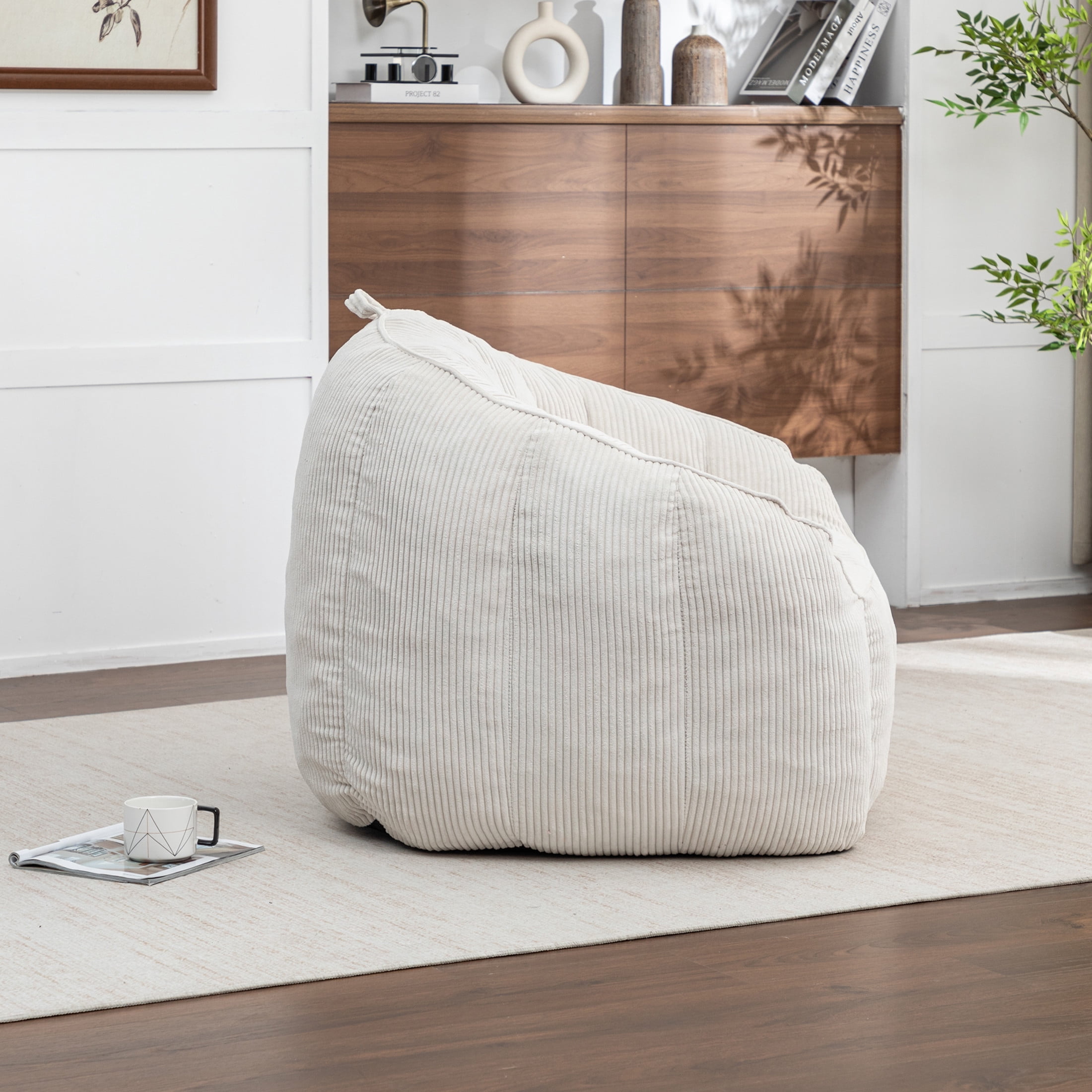 Noble House Revon Giant Corduroy Bean Bag Chair with Armrests, Cozy Memory Foam Lounge Couch for Living Room, Beige