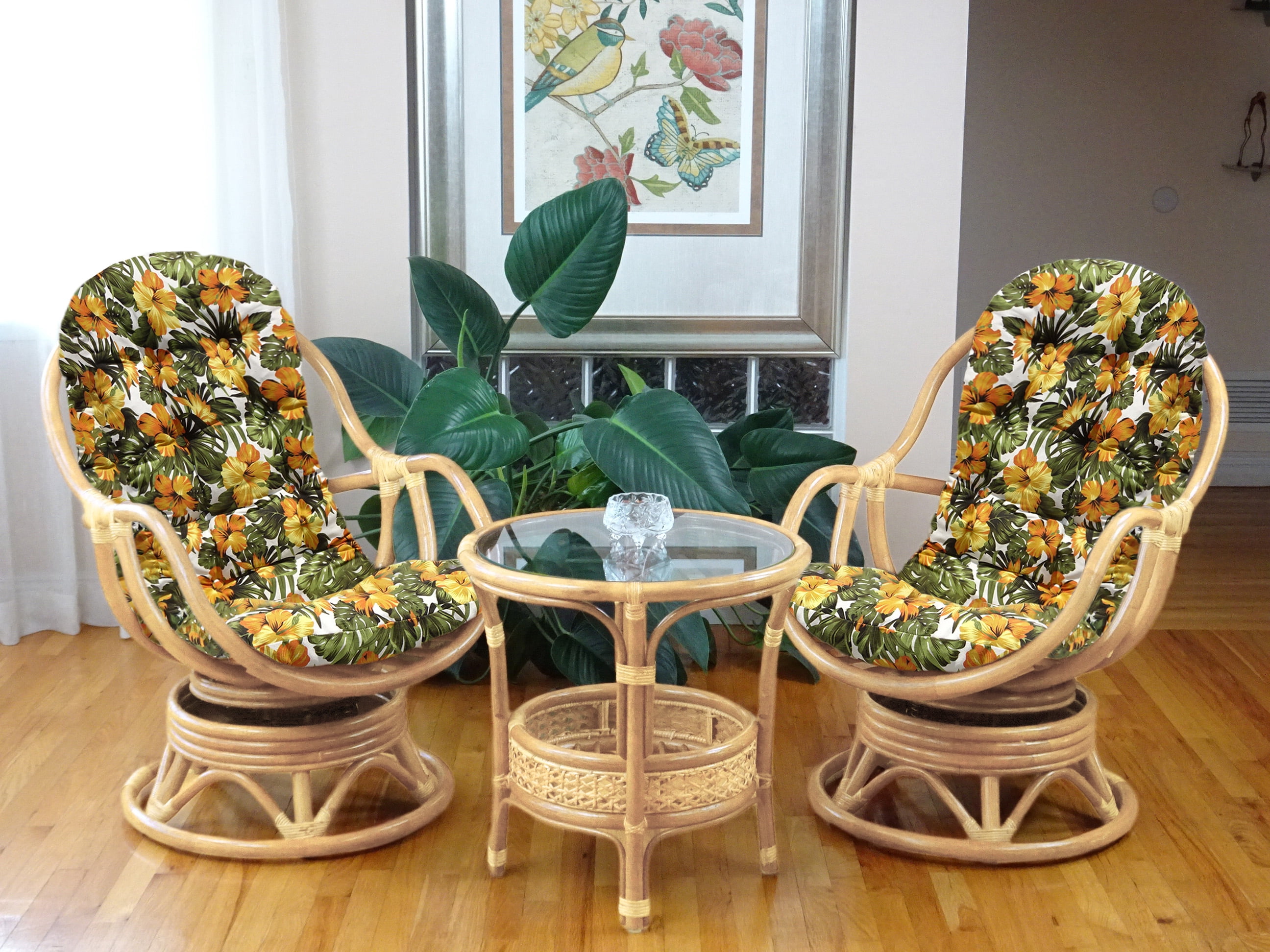 Bali Lounge Swivel Rocking Chair with Floral Cushion Natural Rattan Wicker Handmade, Natural Color
