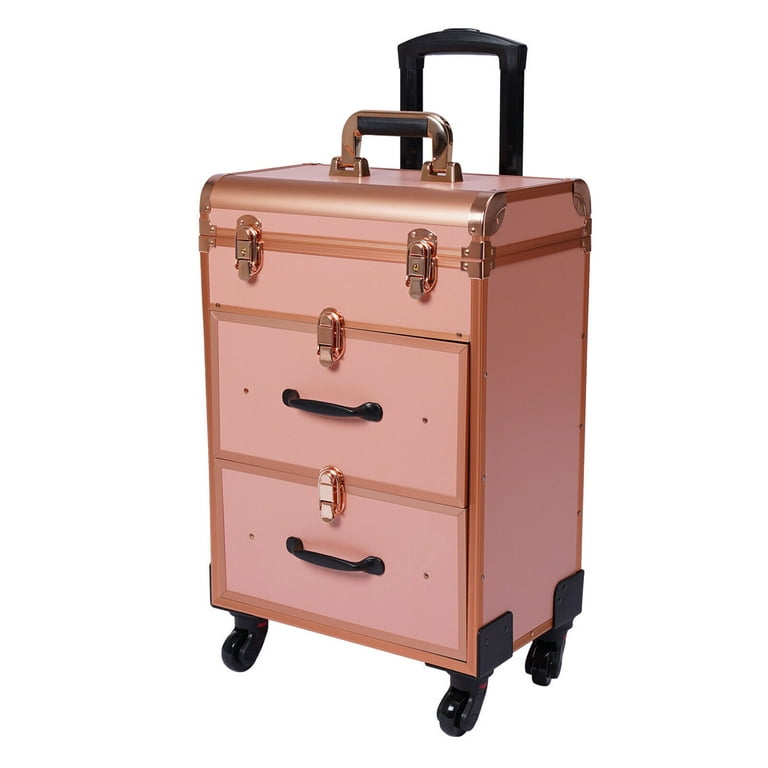 Oukaning Rolling Makeup Train Case Cosmetic Trolley Makeup Storage Organizer Manicure Case for Studio/Esthetician/Barber Gold, Size: 28.5*25*58cm/11.2