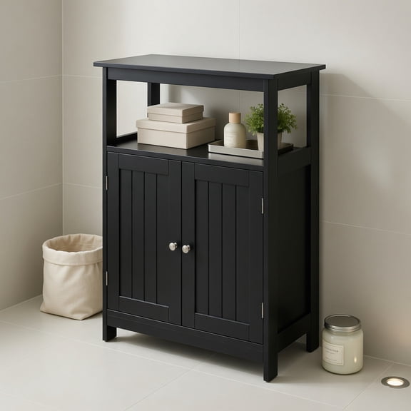 Resenkos Bathroom Floor Cabinet, Freestanding Storage Organizer with Open Compartment and Adjustable Shelf, Storage Cabinet with Magnetic Doors Anti-Toppling Safety Design for Bathroom, Black