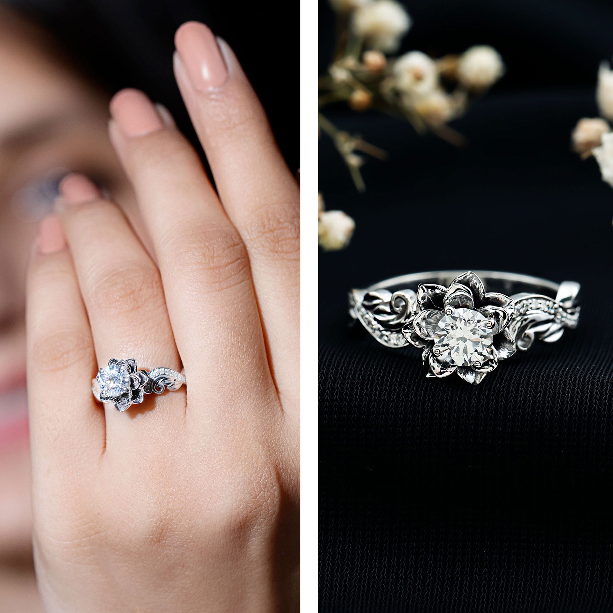 Rosec Jewels 925 Sterling Silver Moissanite Ring (Half Carat, D-VS1 Grade) - Nature Inspired Engagement Ring - Ready to Gift, US 8.00