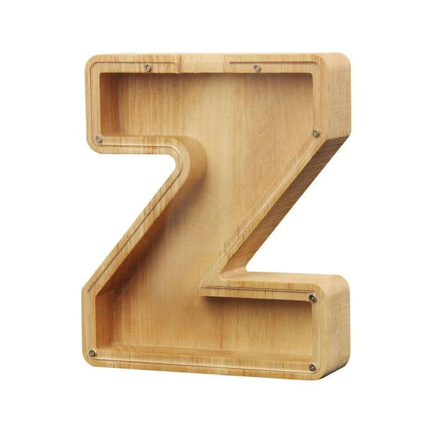 Lata de ahorro de madera con letras en inglés y cristal transparente.