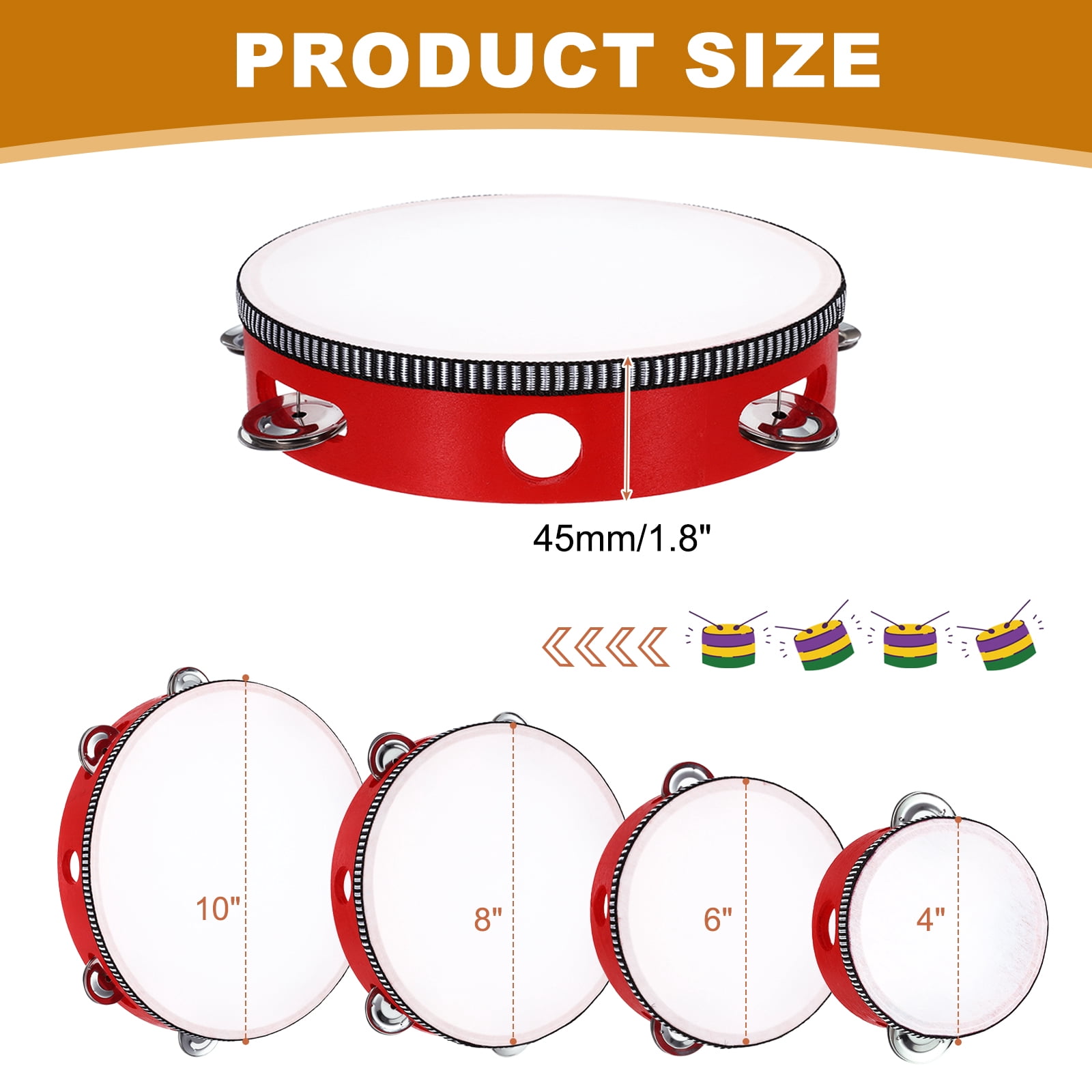 Uxcell 1 Pcs Tambourine Drum 8 Inch Wood Hand Held Tambourine Single Row Metal Jingle Percussion Musical Drum Instrument for Adults Church Wedding Party Games, Red