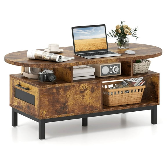 Costway 47” Oval Top Coffee Table with 4 Open Compartments & Drawer, 5 support legs Brown