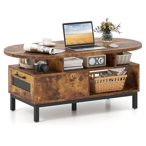 Costway 47" Oval Top Coffee Table with 4 Open Compartments & Drawer, 5 support legs Brown