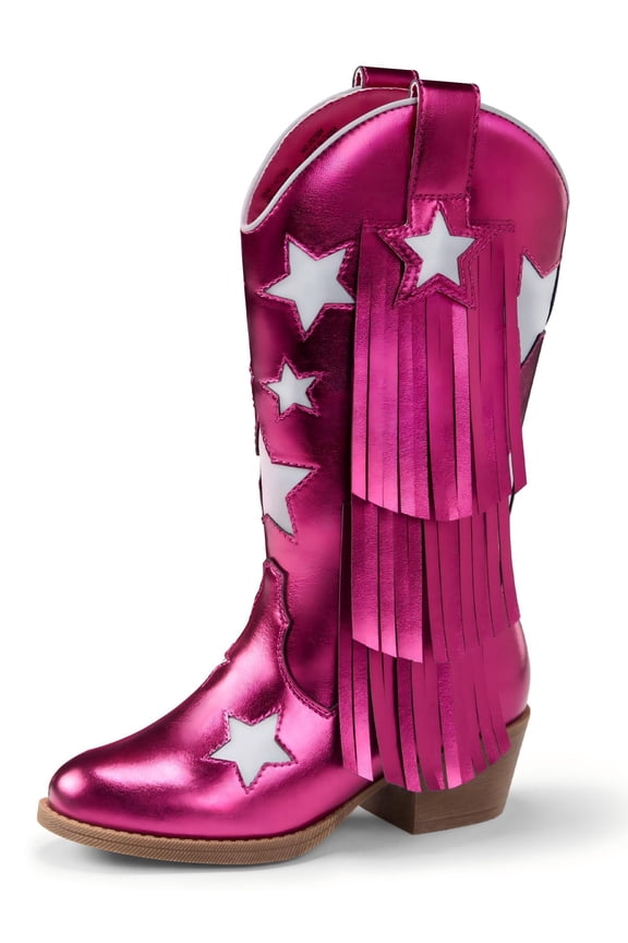Girls Western Cowgirl Boots Pointed Toe with Star Detail Tassel Fringe Vintage Platform Shoes