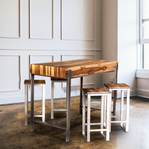 Lisboa Breakfast Bar Set, A bar table and 4 bar stools, Wood top, Metal
