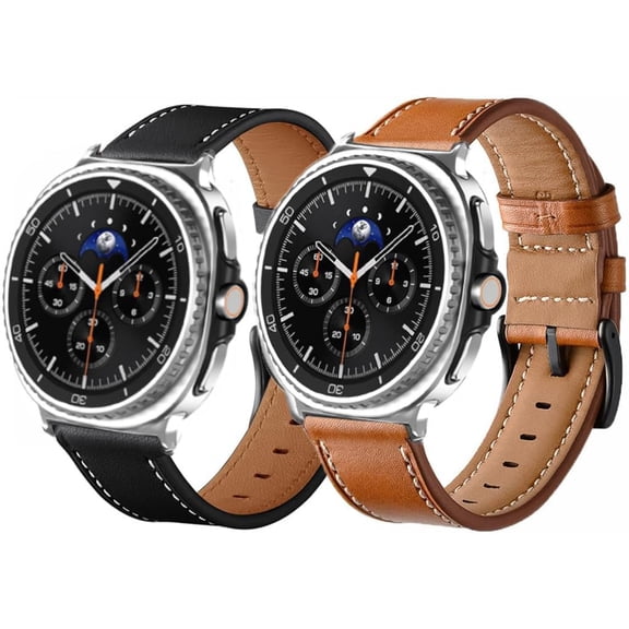 BANDOVA 2Pack Leather Band Compatible with Samsung Galaxy Watch 9 / 8 (40mm 44mm) & 8 Classic (46mm), Business Replacement Strap for Men Women,Black Brown(Black)