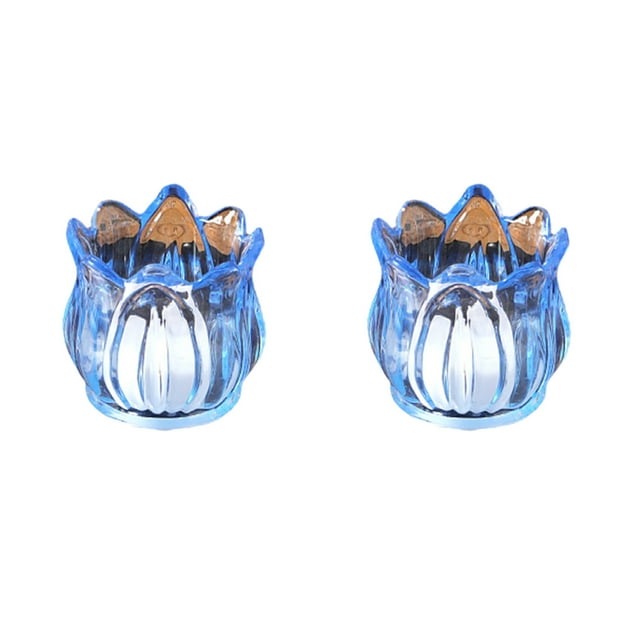 Light Blue Liliaceous Flower Shaped Plastic Led Tea Light Candle Holder Set Of 2 Battery Operated Flameless For Wedding Party Centerpiece 2.8X2.4 Inch