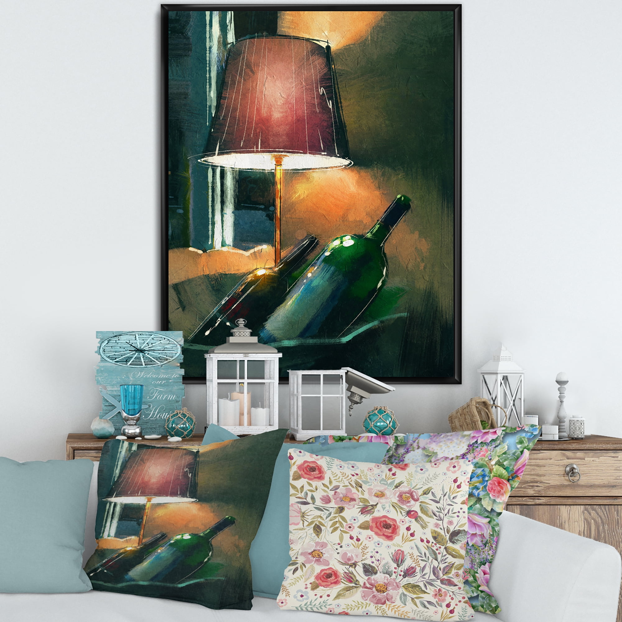 Lamp Glowing Orange In The Night and Wine Bottles 24 in x 32 in Framed Painting Canvas Art Print, by Designart