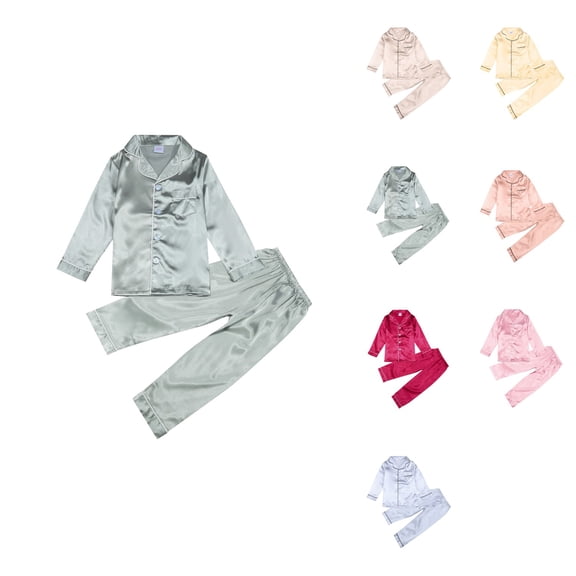 Satin Pajamas Set for Kids – Classic Button-Down Long Sleeve Sleep Shirt Top & Long Pants Bottoms Sleepwear Loungewear