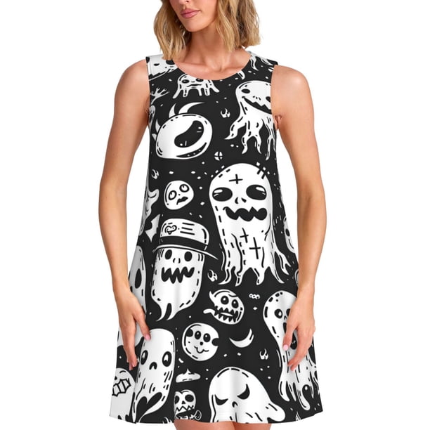 Fotbe Black White Spooky Ghosts Vestido de Verano sin Mangas para Mujer – Vestido Midi Línea A, Estilo Camiseta Floral, Vestido Playero Casual y Fluido