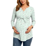 QSAWXQZ Women's Maternity Blouse Floral Long Sleeve Empire Waist V Neck Casual Soft Fashion Tunic for Fall S