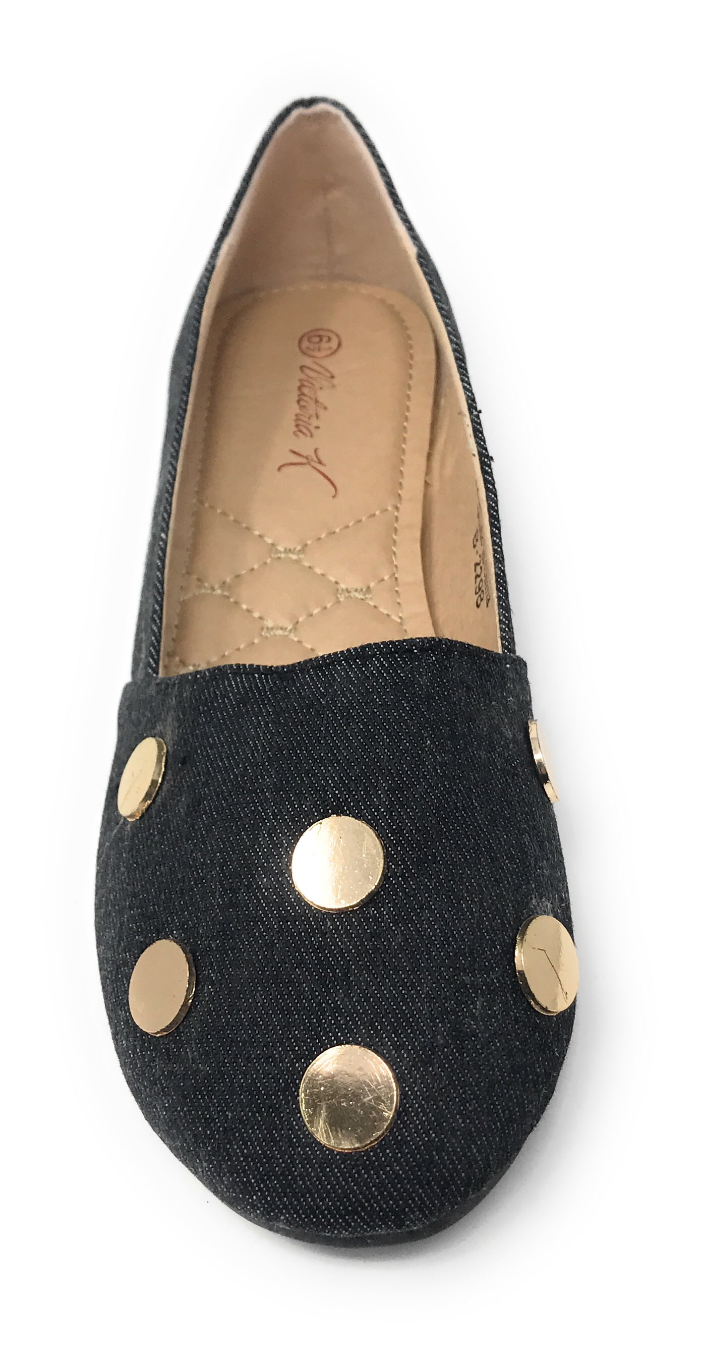 Victoria K Women's Round Gold Studs Denim Ballerina Flats