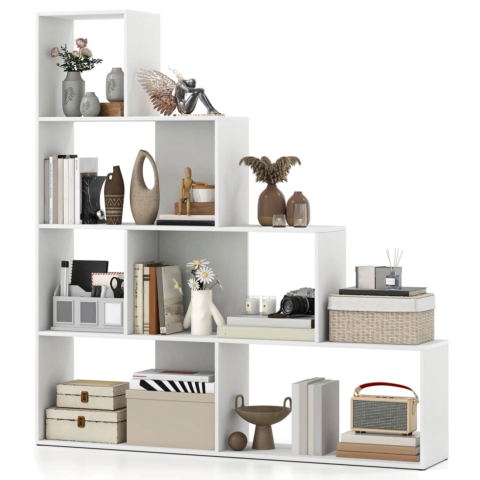 Auranook 4-Tier Bookshelf with 6 Storage Cubes 64" Tall Modern Geometric Stair Bookcase