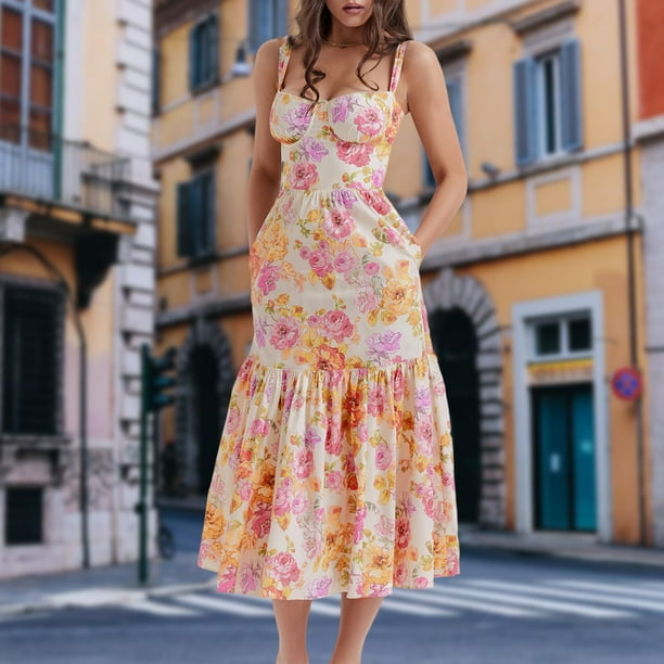 Vestido Midi Con Corsé Vestido casual con estampado floral Estilo boho Ropa estética sin espalda (Amarillo L) Cgtredaw para Mujer Amarillo T L