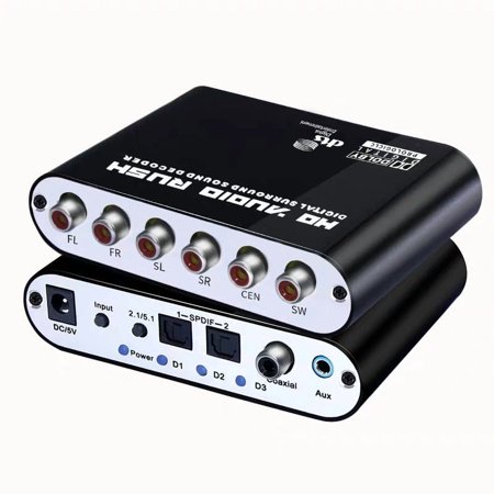 Audio Decoder 5.1 Channel Stereo DTS/AC-3 Audio Decoder Digital Optical Coax to Analog Audio Converter with CEN/FR/FR/SL/SR/SW Output Ports for Video Players/DVD
