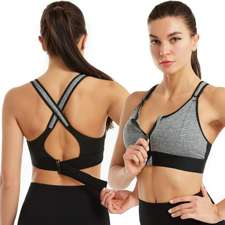 Elbourn Women's Sports Bra, Zipper in Front Sports Bra with Max Support  Moisture-Wicking Athletic High Impact Strappy Back Support Workout Top(Gary-XL)  