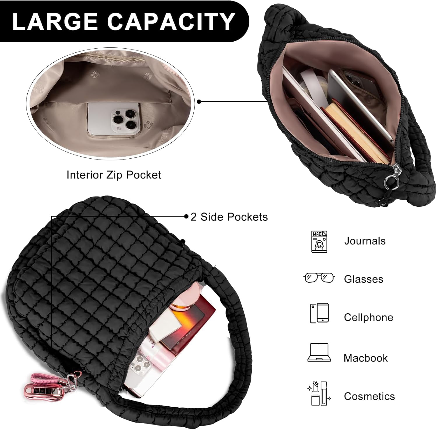 Kwuty Puffer Tote Bag for Women Large Quilted Puffy Lightweight Carryall Crossbody Tote Bag for Women