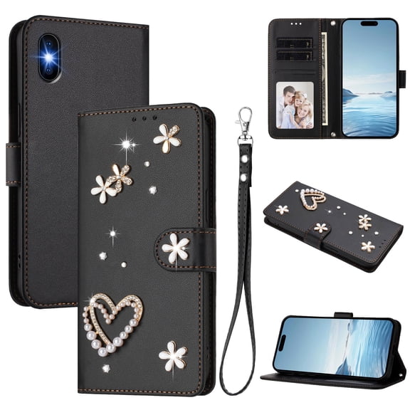 Wallet Case For iPhone XS/X, Elegant 3D Floral Pearl Heart Bling Rhinestone PU Leather Flip Cover with Card Holder Wrist Strap Kickstand & Magnetic Closure for Women Girls, Black