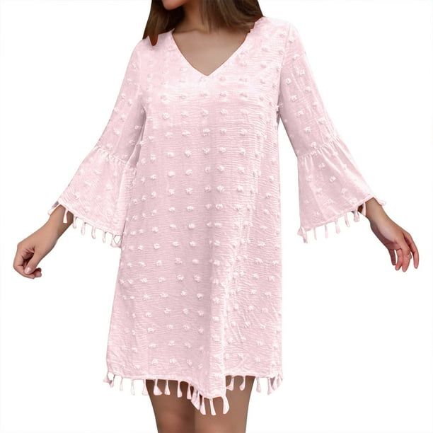 Vestido mini de verano de gasa con cuello en V y manga corta para mujer - Vestido informal ligero y fluido para mujer - S-XXL