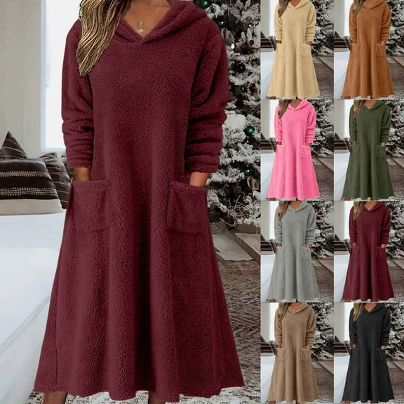 HaiMao Women's Casual Fluffy Granular Fleece Sherpa Hooded Dress Clearance Oversized Plush Fuzzy Pullover Coat with Pockets Wine 10(XL)