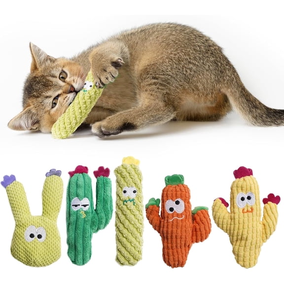 Cat Toys for Indoor Cats, Soft Cute Teething Chew Interactive Cactus Kitten Toys for Anxiety Relief, 5 Pcs