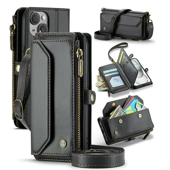 ShellTech Crossbody Wallet Women Men Bag Case for iPhone 13,Magnetic Leather Flip Case RFID Blocking 7-Card Holder Zipper Bills Slot Cash Pocket Stand Cover with Shoulder Wrist Strap,Black