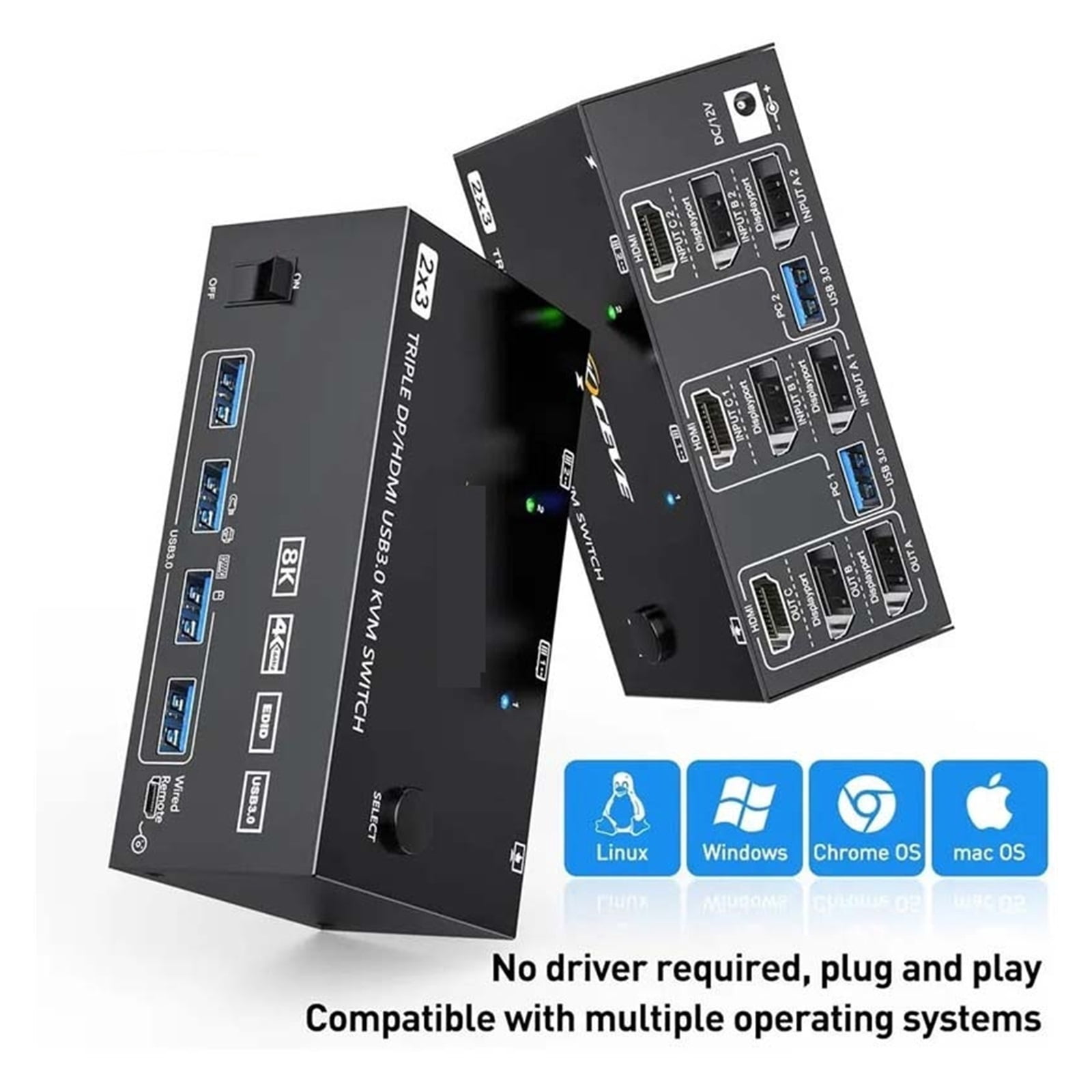 Triple Monitor Displayports USB KVM Switch 8K@60Hz 4K@144Hz 3 Monitors 2 Computers KVM