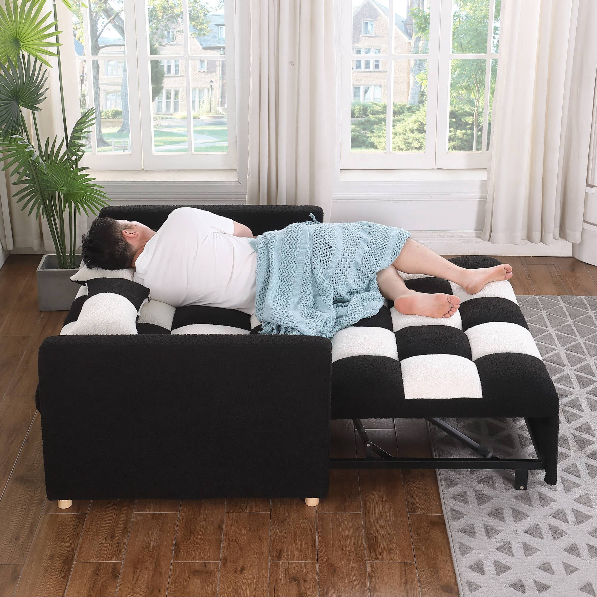 3 in 1 Convertible Pull Out Sofa Bed, Teddy Sleeper Sofa Couch with Adjustable Backrest, Loveseat with Pull Out Bed for Living Room, Black